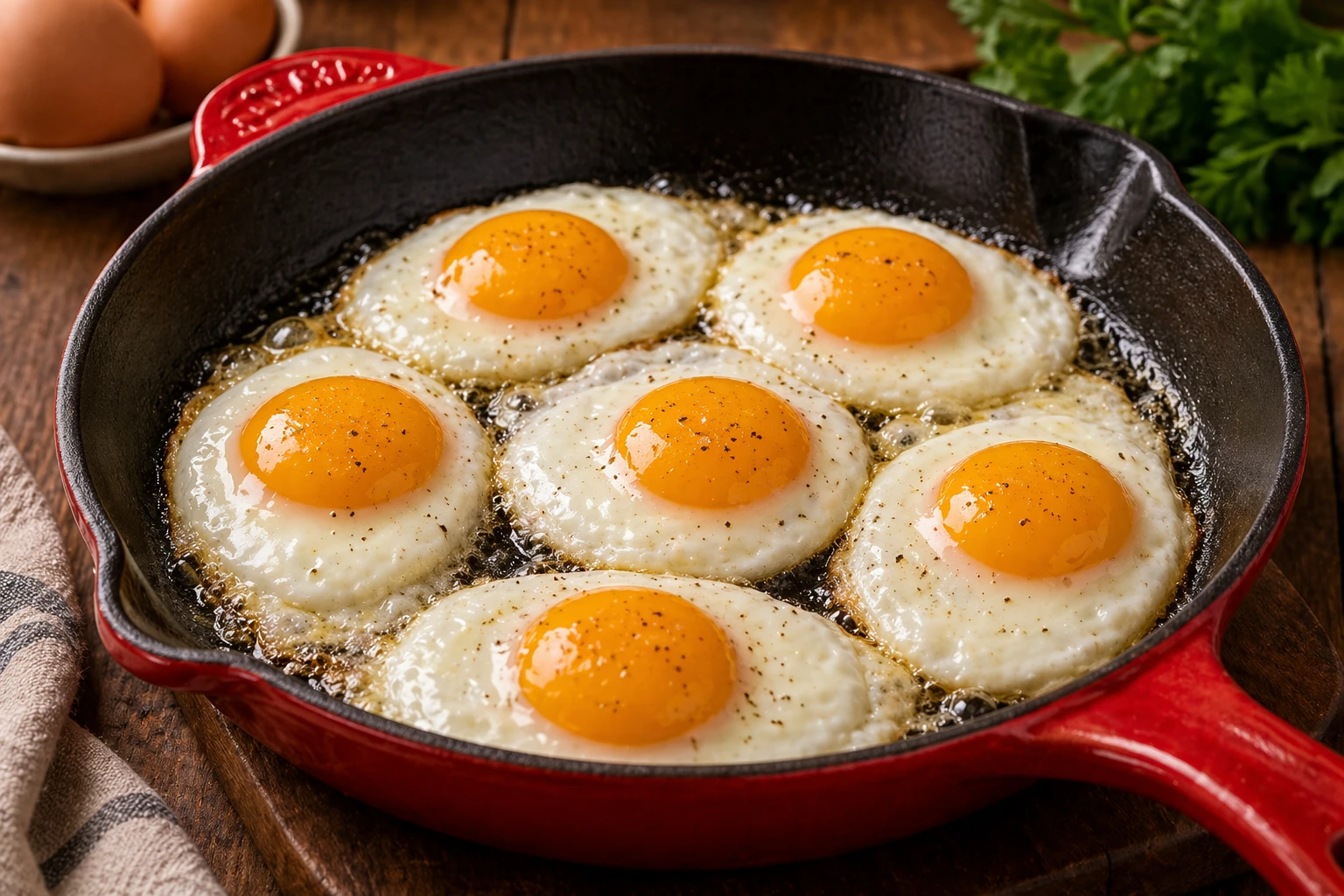 Fried eggs cooking in a red cast-iron skillet